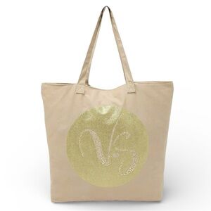 Y2K Victoria's Secret Tan and Gold Sparkly Heart Canvas Tote Bag